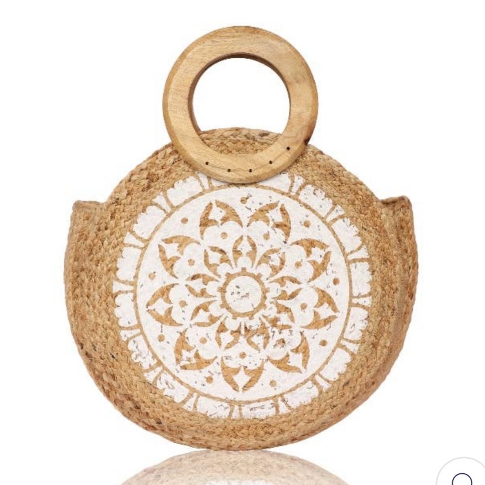 Chloe & Lex White Floral Round Jute Tote Bag with Wooden Handles